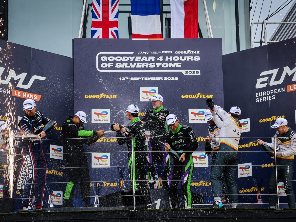 TDS Racing, United Autosports and Rossa Racing by Virage drivers celebrate on the LMP2 Pro/Am podium at Silverstone.