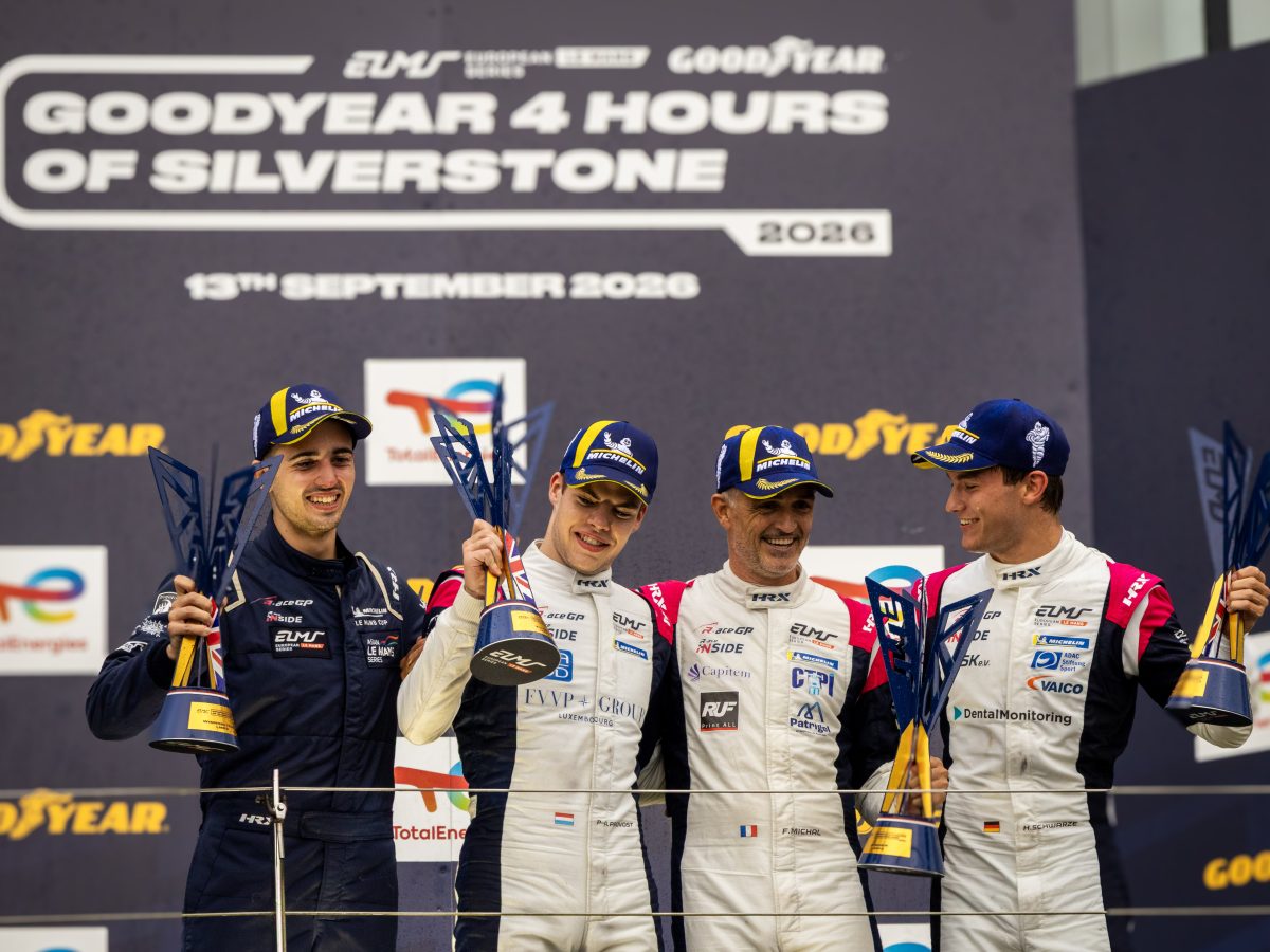 R-ace GP drivers Pierre-Alexandre Provost, Fabien Michal and Hugo Schwarze celebrate their LMP3 victory on the Silverstone podium.