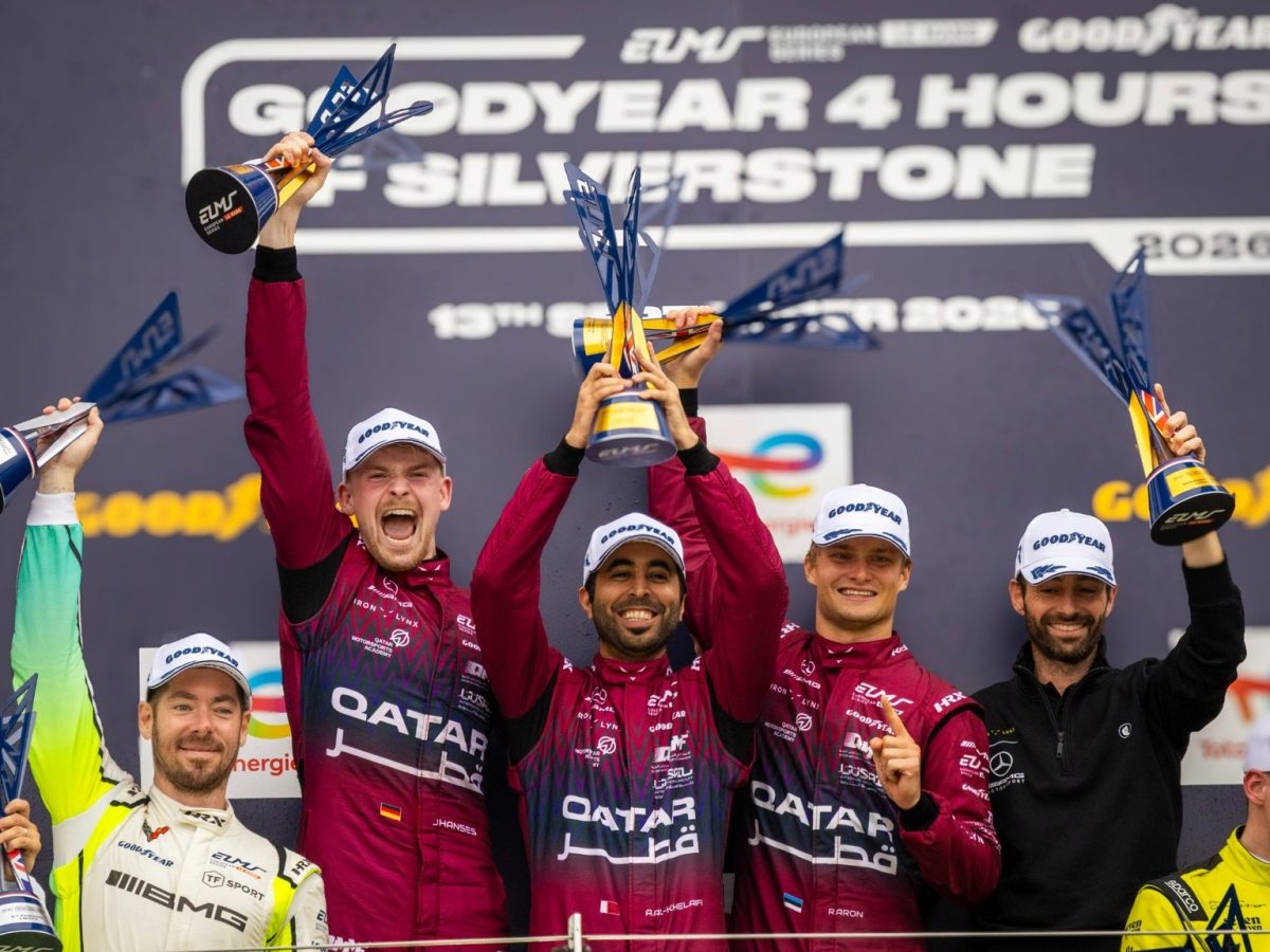 Team Qatar by Iron Lynx drivers Julian Hanses, Abdulla Ali Al-Khelaifi and Ralf Aron celebrate their LMGT3 victory at Silverstone.